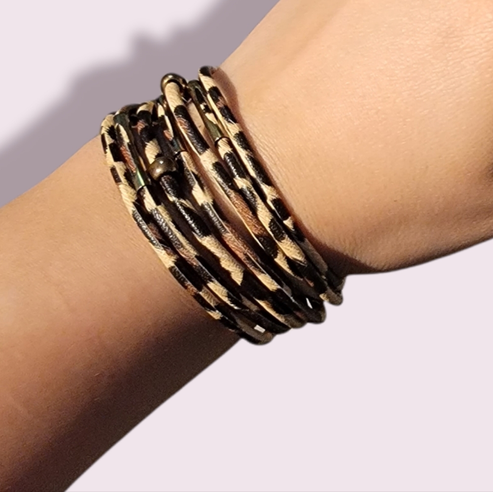 Magnetic clip leopard print layered bracelet cuff